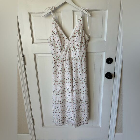 New Dress the Population White Sunny Floral Ruched V-Neck Midi Sundress - Picture 2 of 4